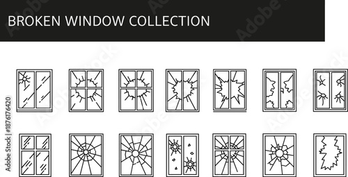 Broken window glass collection, shattered pane illustrations, cracked glass textures, damaged window designs, architectural reference, stylized fracture patterns