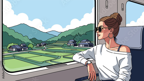Vector illustration of a woman traveling by train in Japan, looking out at countryside scenery, calm transportation and slow travel concept in flat style