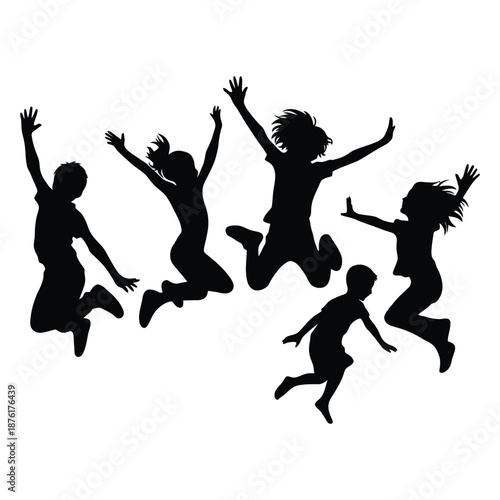 Silhouettes of joyful children leaping and jumping with arms raised in a playful energetic scene