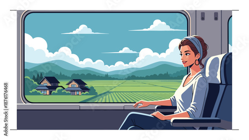 Vector illustration of a woman traveling by train in Japan, looking out at countryside scenery, calm transportation and slow travel concept in flat style