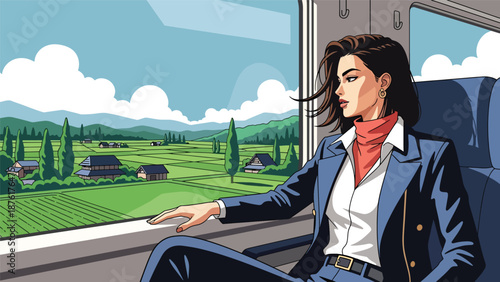Vector illustration of a woman traveling by train in Japan, looking out at countryside scenery, calm transportation and slow travel concept in flat style