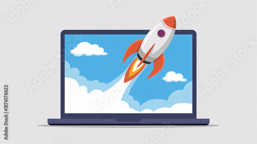Rocket ship launching from laptop into cloudy blue sky