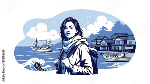 Flat vector illustration of a woman traveler exploring a quiet Japanese coastal town with ocean views, seaside travel lifestyle concept in solid colors