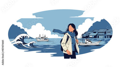 Flat vector illustration of a woman traveler exploring a quiet Japanese coastal town with ocean views, seaside travel lifestyle concept in solid colors