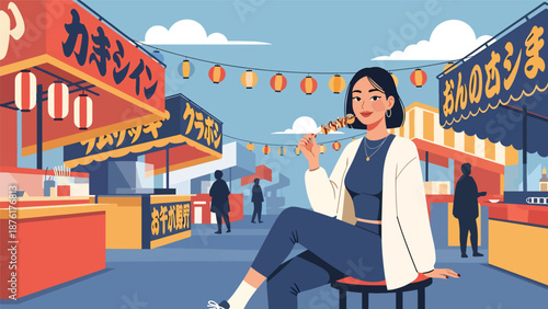 Vector illustration of a woman enjoying Japanese street food at a local market, cultural travel experience concept in clean flat vector style