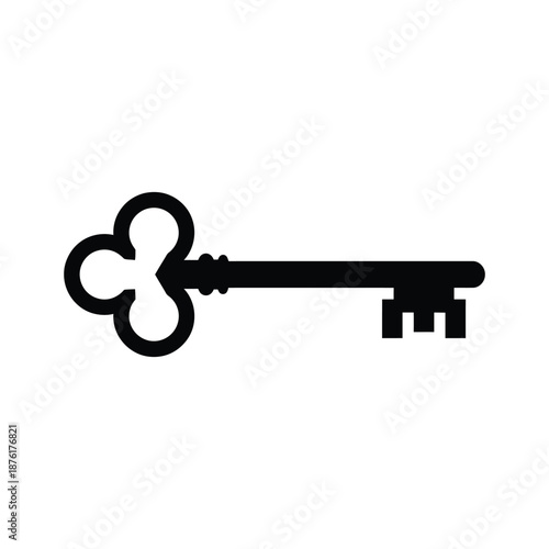 A simple black and white illustration depicting an antique style skeleton key on a white background