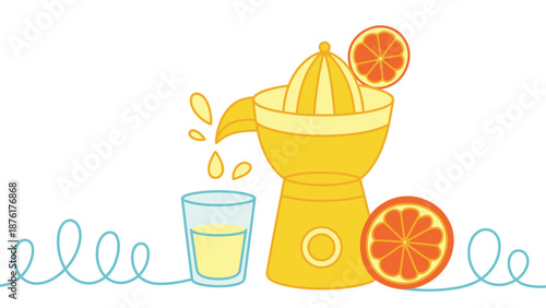 A yellow manual juicer with oranges and a glass of freshly squeezed juice