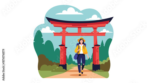 Flat vector illustration of a woman traveler walking through red torii gates along a forest path, spiritual travel and nature exploration concept