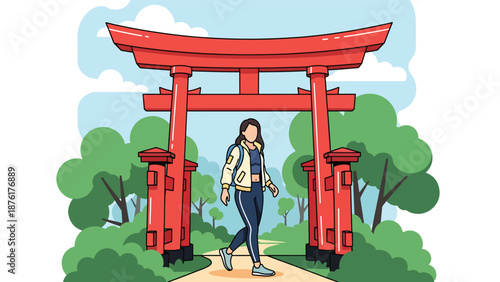 Flat vector illustration of a woman traveler walking through red torii gates along a forest path, spiritual travel and nature exploration concept