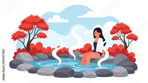 Vector illustration of a woman relaxing at a Japanese hot spring area surrounded by nature, wellness and slow travel lifestyle concept in flat style