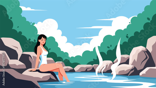 Vector illustration of a woman relaxing at a Japanese hot spring area surrounded by nature, wellness and slow travel lifestyle concept in flat style