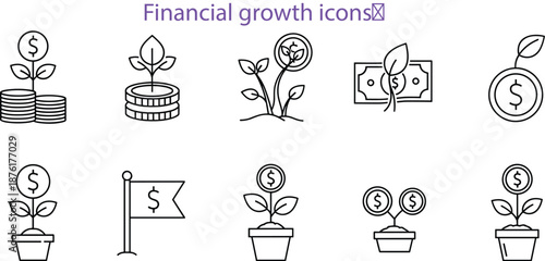 Financial growth icons, investment symbols, money plant illustrations, economic prosperity concept, black and white line style graphics