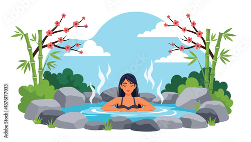Vector illustration of a woman relaxing at a Japanese hot spring area surrounded by nature, wellness and slow travel lifestyle concept in flat style