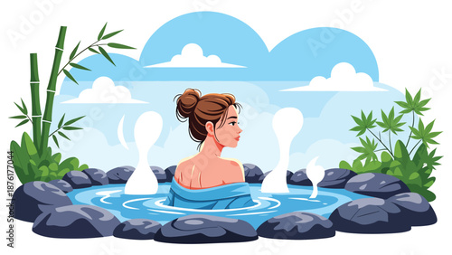 Vector illustration of a woman relaxing at a Japanese hot spring area surrounded by nature, wellness and slow travel lifestyle concept in flat style