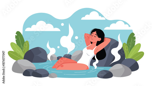 Vector illustration of a woman relaxing at a Japanese hot spring area surrounded by nature, wellness and slow travel lifestyle concept in flat style