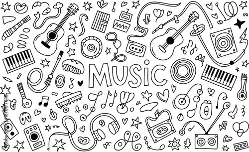 Black and white music-themed doodle with various instruments and symbols
