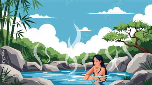 Vector illustration of a woman relaxing at a Japanese hot spring area surrounded by nature, wellness and slow travel lifestyle concept in flat style