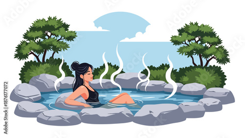 Vector illustration of a woman relaxing at a Japanese hot spring area surrounded by nature, wellness and slow travel lifestyle concept in flat style