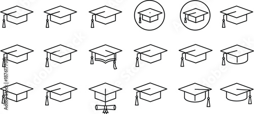Graduation cap icon set, academic education symbols collection, outline line art mortarboard illustrations for learning design projects