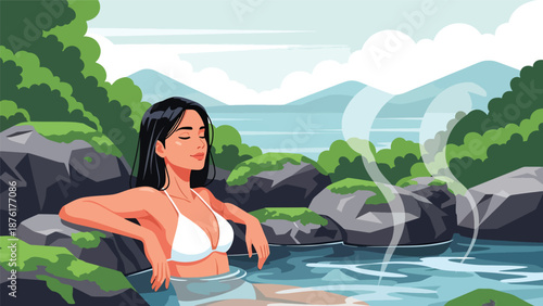 Vector illustration of a woman relaxing at a Japanese hot spring area surrounded by nature, wellness and slow travel lifestyle concept in flat style