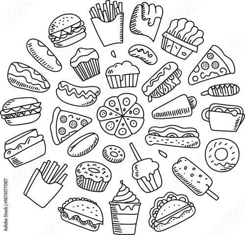 Black and white of various food arranged in a circular pattern