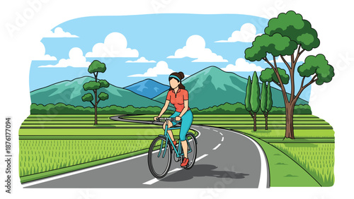 Flat vector illustration of a woman cycling through Japanese countryside scenery, eco travel and outdoor adventure concept in solid color design