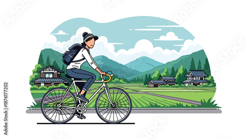 Flat vector illustration of a woman cycling through Japanese countryside scenery, eco travel and outdoor adventure concept in solid color design
