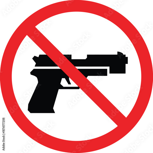 A clear prohibition sign depicting a black handgun silhouette crossed out with a red line