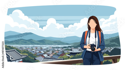 Vector illustration of a woman traveler photographing a scenic Japanese town viewpoint, travel photography and exploration concept in flat vector style