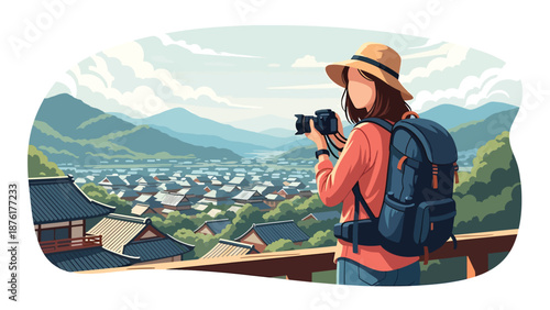 Vector illustration of a woman traveler photographing a scenic Japanese town viewpoint, travel photography and exploration concept in flat vector style