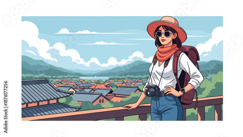 Vector illustration of a woman traveler photographing a scenic Japanese town viewpoint, travel photography and exploration concept in flat vector style