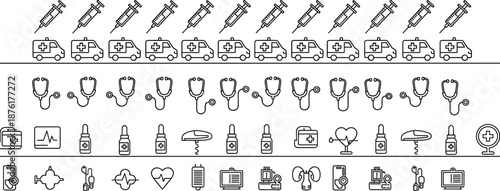 Medical icons collection, healthcare symbols, syringe, ambulance, stethoscope, diagnostic tools, hospital equipment, emergency, medicine, treatment