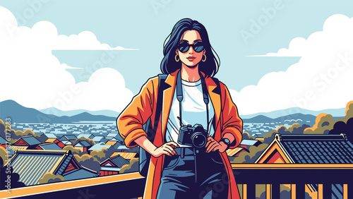 Vector illustration of a woman traveler photographing a scenic Japanese town viewpoint, travel photography and exploration concept in flat vector style