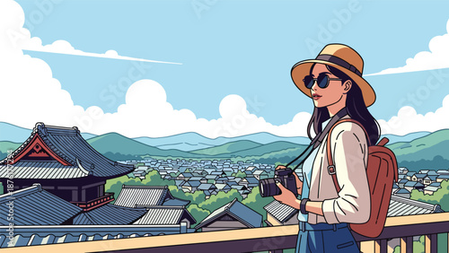 Vector illustration of a woman traveler photographing a scenic Japanese town viewpoint, travel photography and exploration concept in flat vector style