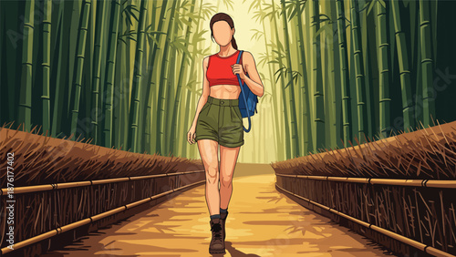 Flat vector illustration of a woman traveler walking through a bamboo forest in Japan, peaceful nature travel concept with tall greenery in clean solid color style