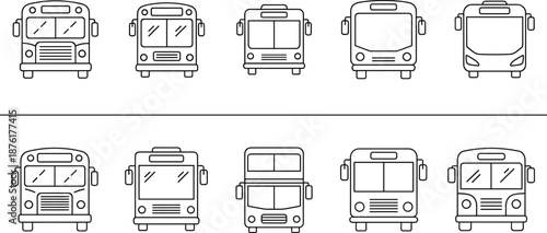 Public transport bus icon set, blue outline style, various vehicle designs, transit symbols, urban mobility, vector illustration