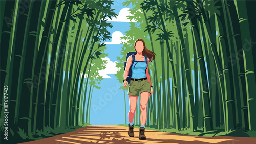 Flat vector illustration of a woman traveler walking through a bamboo forest in Japan, peaceful nature travel concept with tall greenery in clean solid color style
