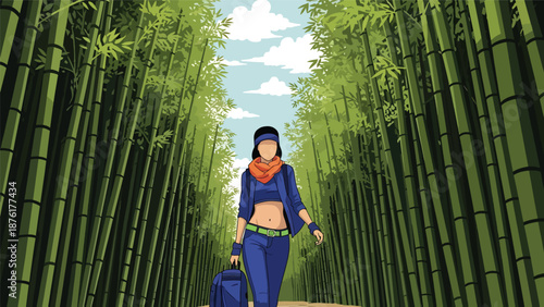 Flat vector illustration of a woman traveler walking through a bamboo forest in Japan, peaceful nature travel concept with tall greenery in clean solid color style