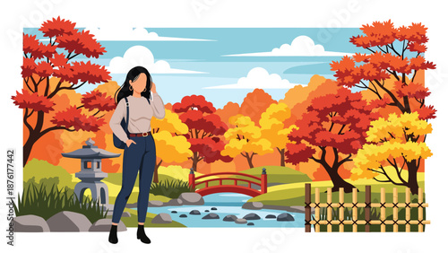 Vector illustration of a woman enjoying autumn travel in Japan with colorful maple trees, seasonal tourism and peaceful outdoor lifestyle in flat vector design