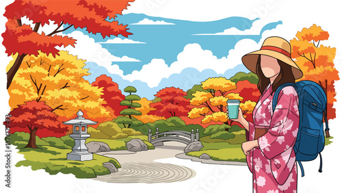 Vector illustration of a woman enjoying autumn travel in Japan with colorful maple trees, seasonal tourism and peaceful outdoor lifestyle in flat vector design