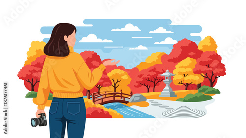 Vector illustration of a woman enjoying autumn travel in Japan with colorful maple trees, seasonal tourism and peaceful outdoor lifestyle in flat vector design