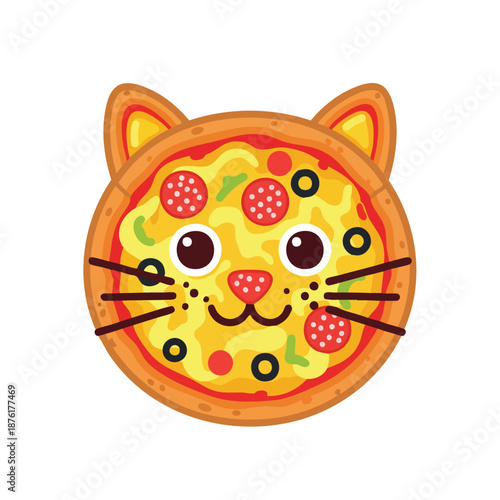 A cartoon pizza with a cat's face featuring toppings and a cheerful expression on a plain white background with a playful and whimsical mood.