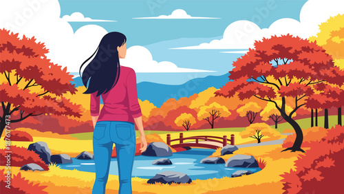 Vector illustration of a woman enjoying autumn travel in Japan with colorful maple trees, seasonal tourism and peaceful outdoor lifestyle in flat vector design
