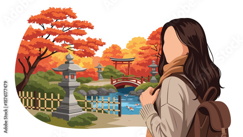 Vector illustration of a woman enjoying autumn travel in Japan with colorful maple trees, seasonal tourism and peaceful outdoor lifestyle in flat vector design