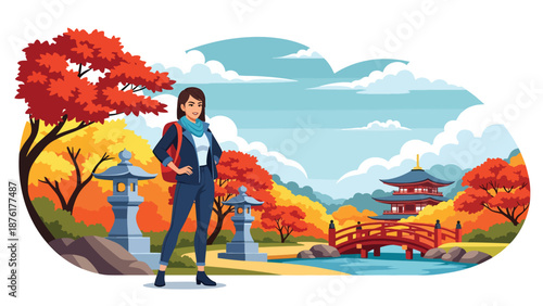 Vector illustration of a woman enjoying autumn travel in Japan with colorful maple trees, seasonal tourism and peaceful outdoor lifestyle in flat vector design
