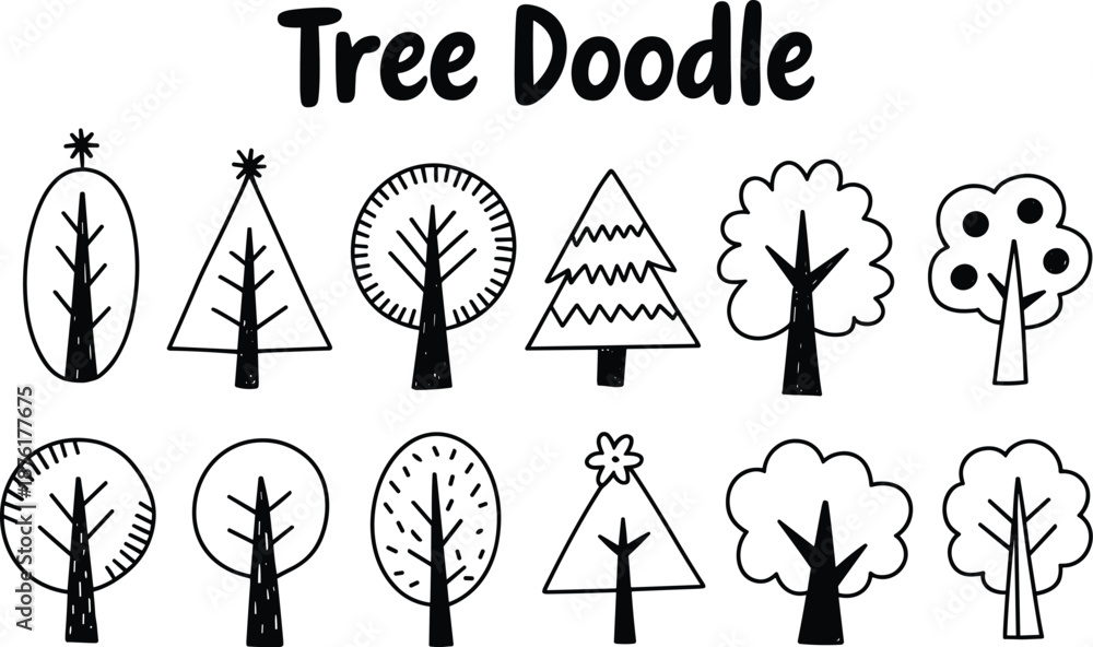 Fototapeta premium Black and white doodle of various tree trees simple