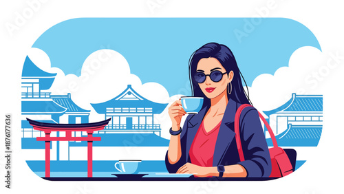 Flat vector illustration of a woman traveler relaxing at an outdoor café in Japan, urban travel lifestyle with traditional atmosphere in solid color style