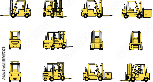 Yellow industrial forklifts, warehouse equipment, pallet handling, cargo transport, logistics machinery, forklift operations, side and front views