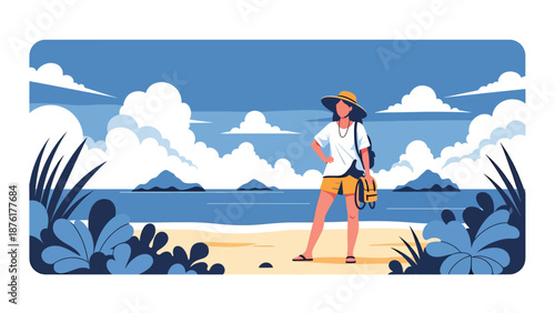 Vector illustration of a woman traveler enjoying a quiet Japanese beach, coastal tourism and summer travel lifestyle in clean flat vector style
