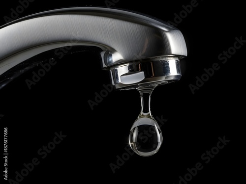 water flowing from a faucet, Single Water Drop Dripping from Chrome Kitchen Faucet on Black Background